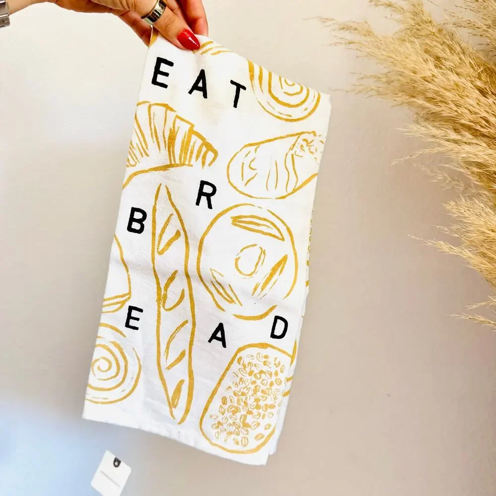 NEW ANTHROPOLOGIE White Tan Black Eat Bread $38 Pastry Kitchen Tea Towel Decor